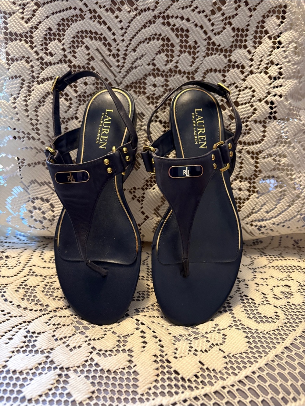 Lauren Ralph Lauren Navy Leather T-Strap Sandals with Gold Accents